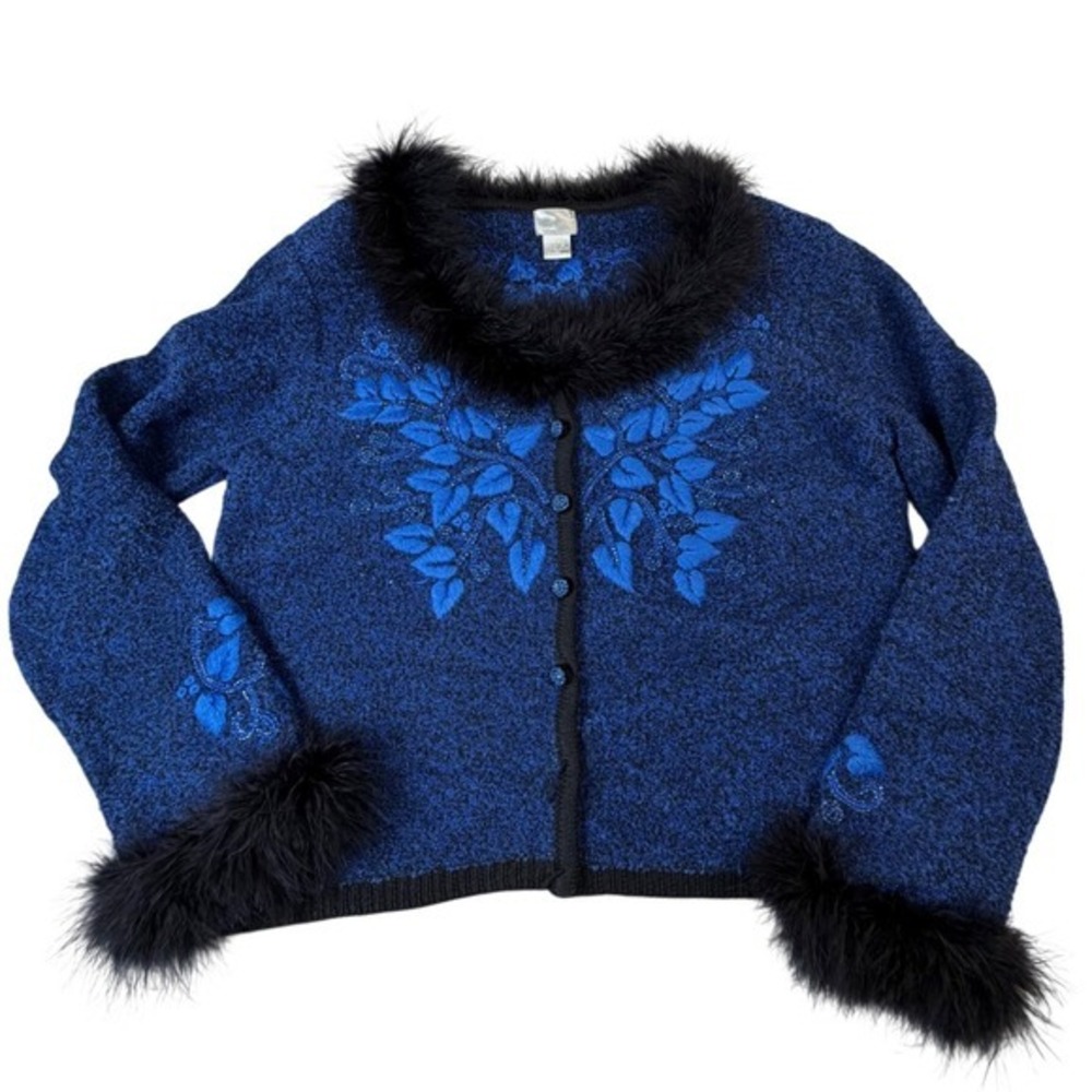 Berek Blue Floral Beaded Cardigan Faux Fur Trim Knit Sweater‎ Womens Large